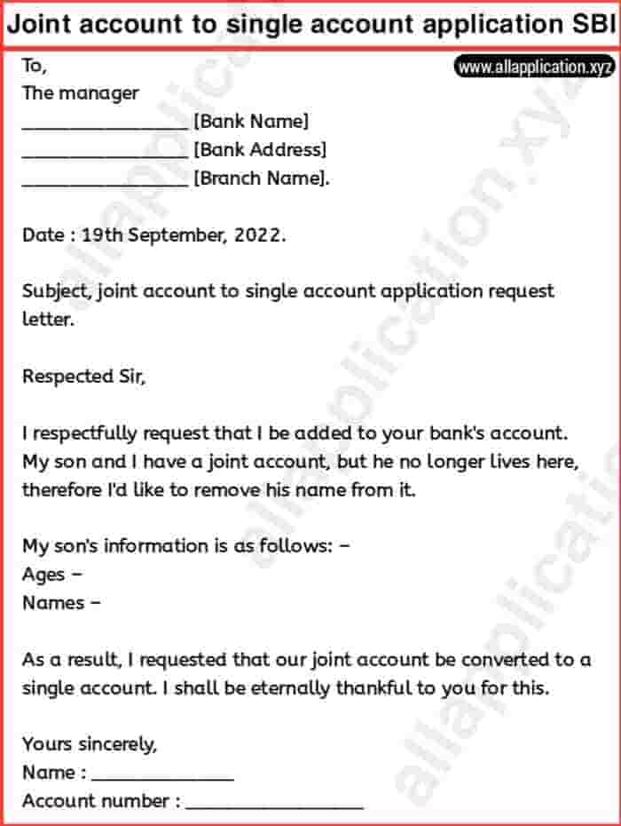 application letter for making joint account to single account