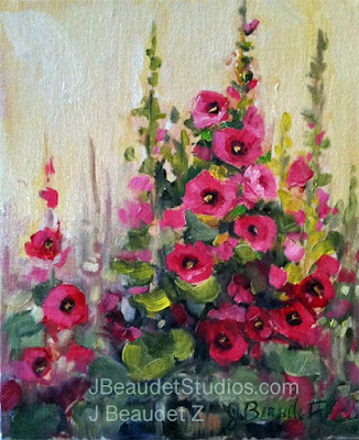 Hollyhock painting oil painting by artist Jen Beaudet of California