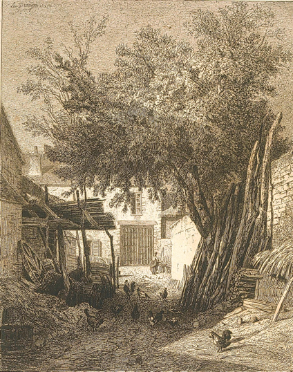 Cour de l’auberge du Père Ganne à Barbizon, eau-forte de Leo Drouyn pour L’Artiste, 1858