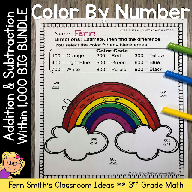 Click Here to Download This 3rd Grade Math Addition & Subtraction Within 1,000 Color By Number Worksheets Resource Bundle