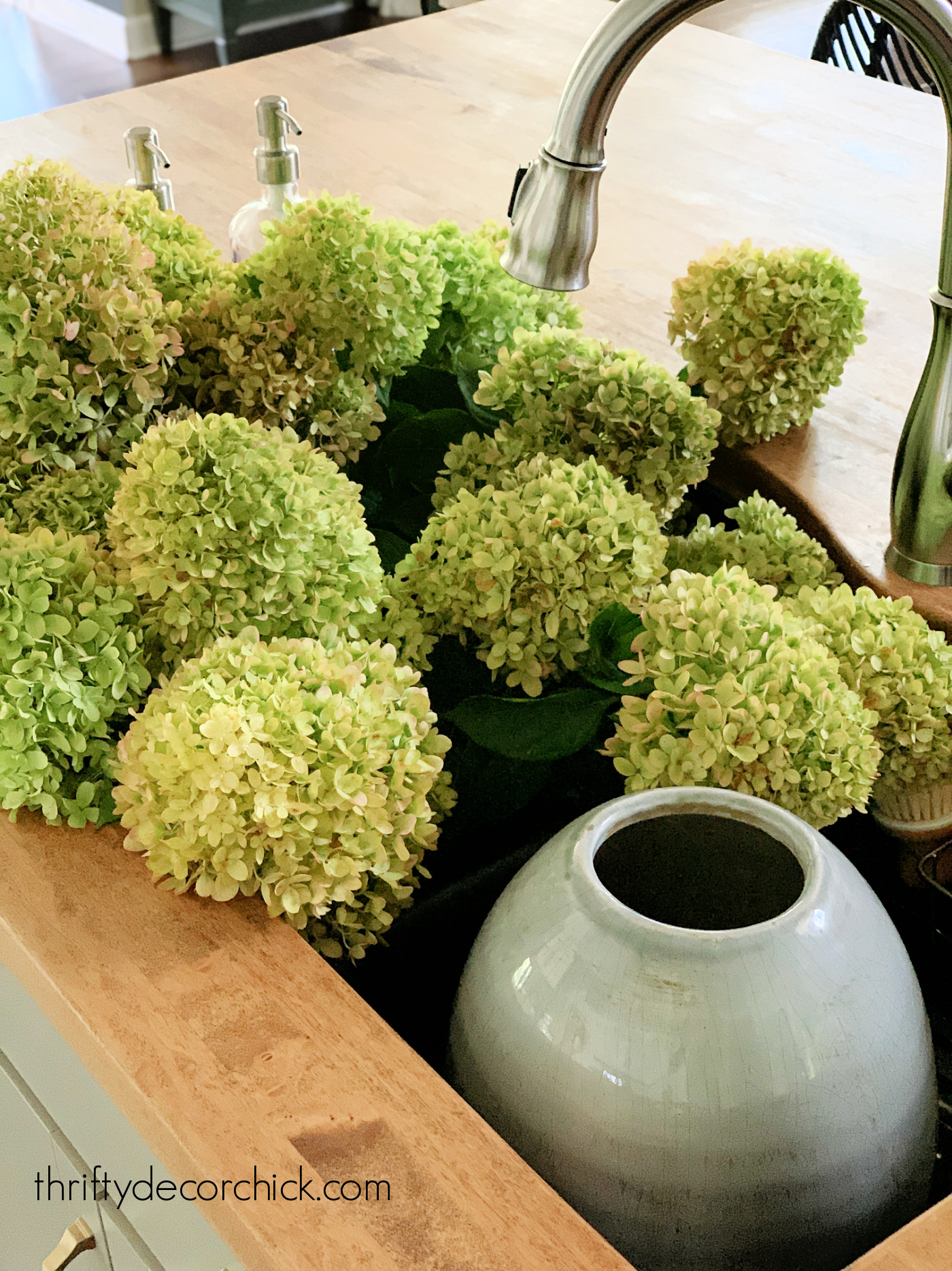 pink green fall hydrangeas in sink