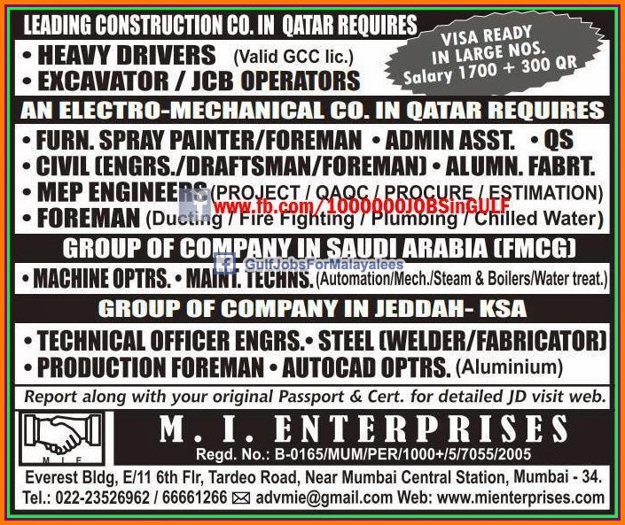 Large job vacancies for a leading construction Company Qatar Gulf