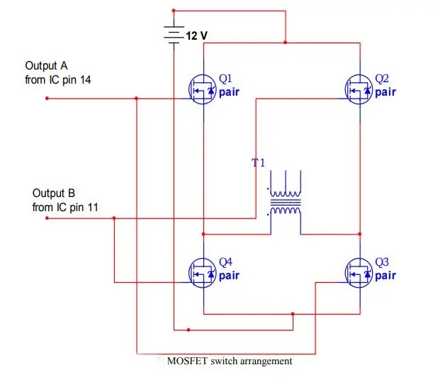 Full bridge power inverter configurations and connections.