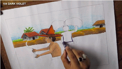 Menggambar pemandangan desa saat petani memanen padi di ladang Tutorial menggambar pemandangan desa saat petani memanen padi di ladang