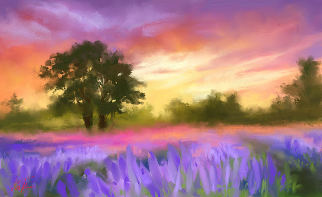 Dreamy dawn digital colorful landscape painting by Mikko Tyllinen