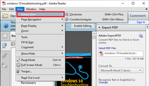 Opción de rotación de Adobe