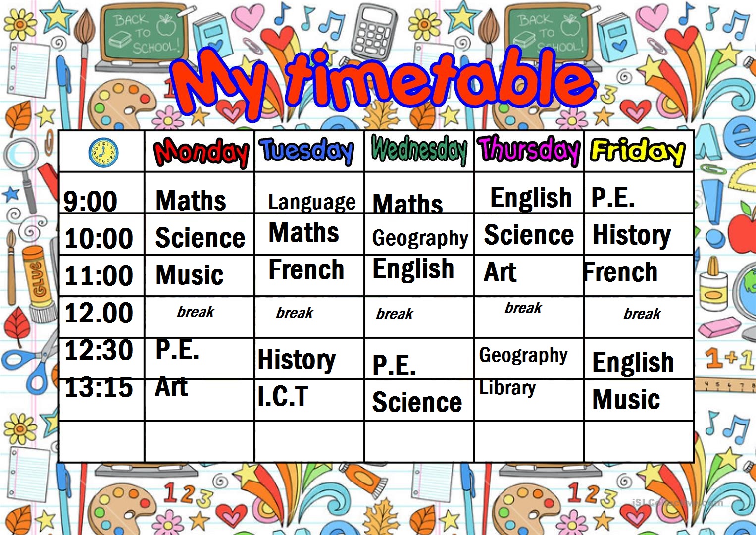 MARZ N School 4 Timetable subjects