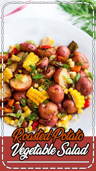 Southwest Roasted Potato Salad recipe - One pan roasted red potato salad with bell pepper, corn, fresh dill and spices drizzled with olive oil.