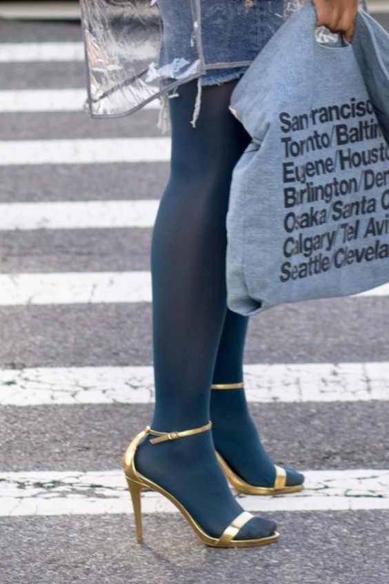 Golden sandals and blue tights