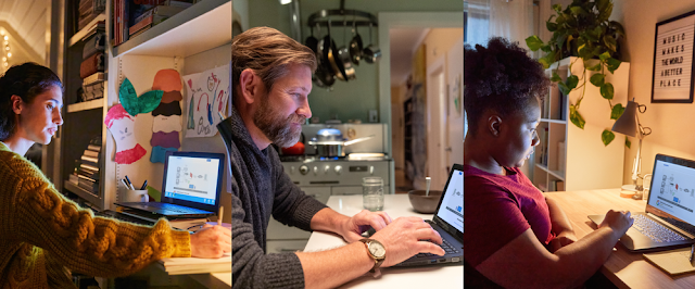 Drie foto's van drie verschillende mensen die thuis op hun laptop werken.