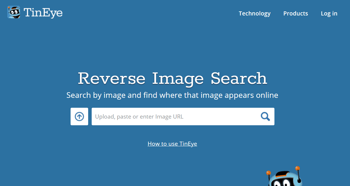 Home page of TinEye. It is a reverse image search tool.