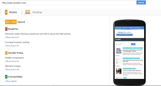 Tes Kecepatan Loading Anas Blogging Tips Via PageSpeed Insight Desktop