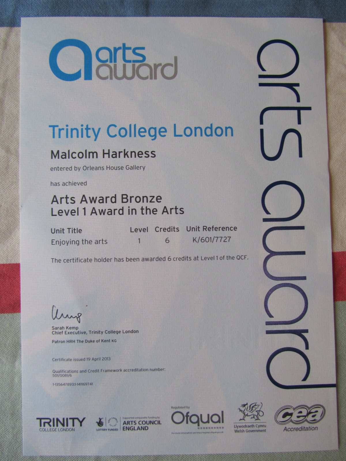 Malcolm's Milestones Bronze Arts Award Certificate