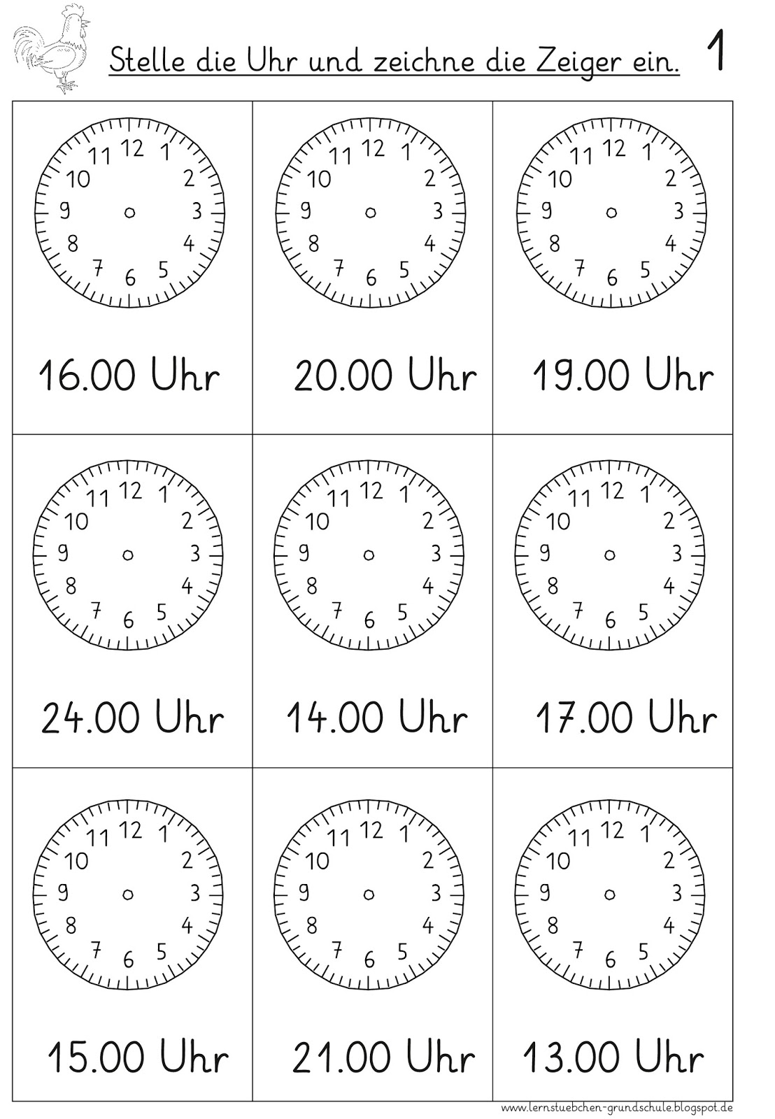 Arbeitsblatt Uhr
 Lernstübchen vorgegebene Uhrzeiten einstellen 2