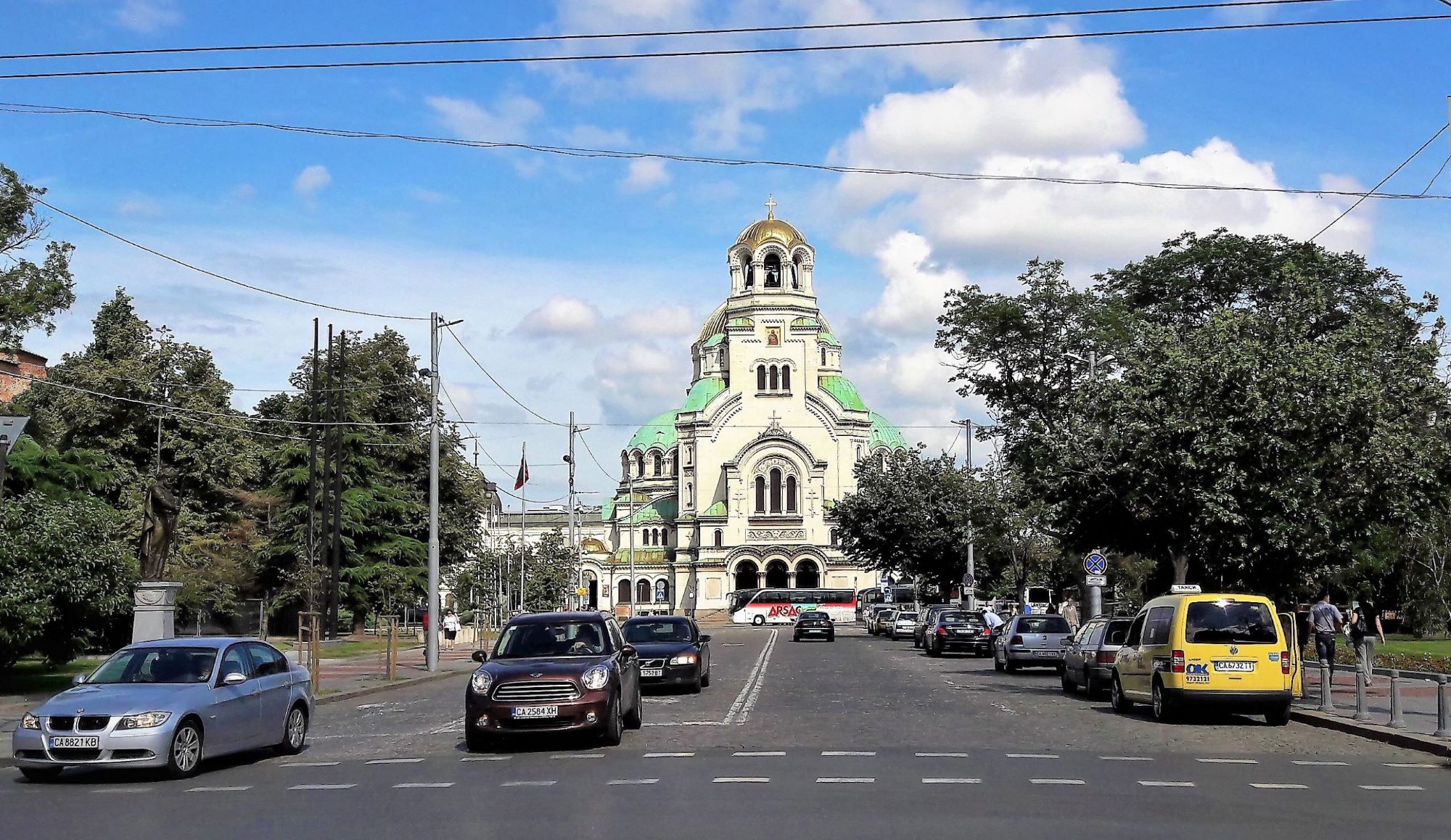 A distant view of St. Alexander Nevsky Cathedral from the street