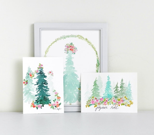original watercolor christmas trees with flowers