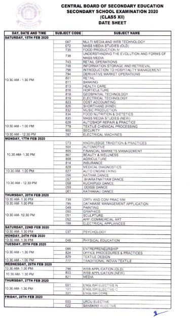 cbse exam 12th time table for 2020