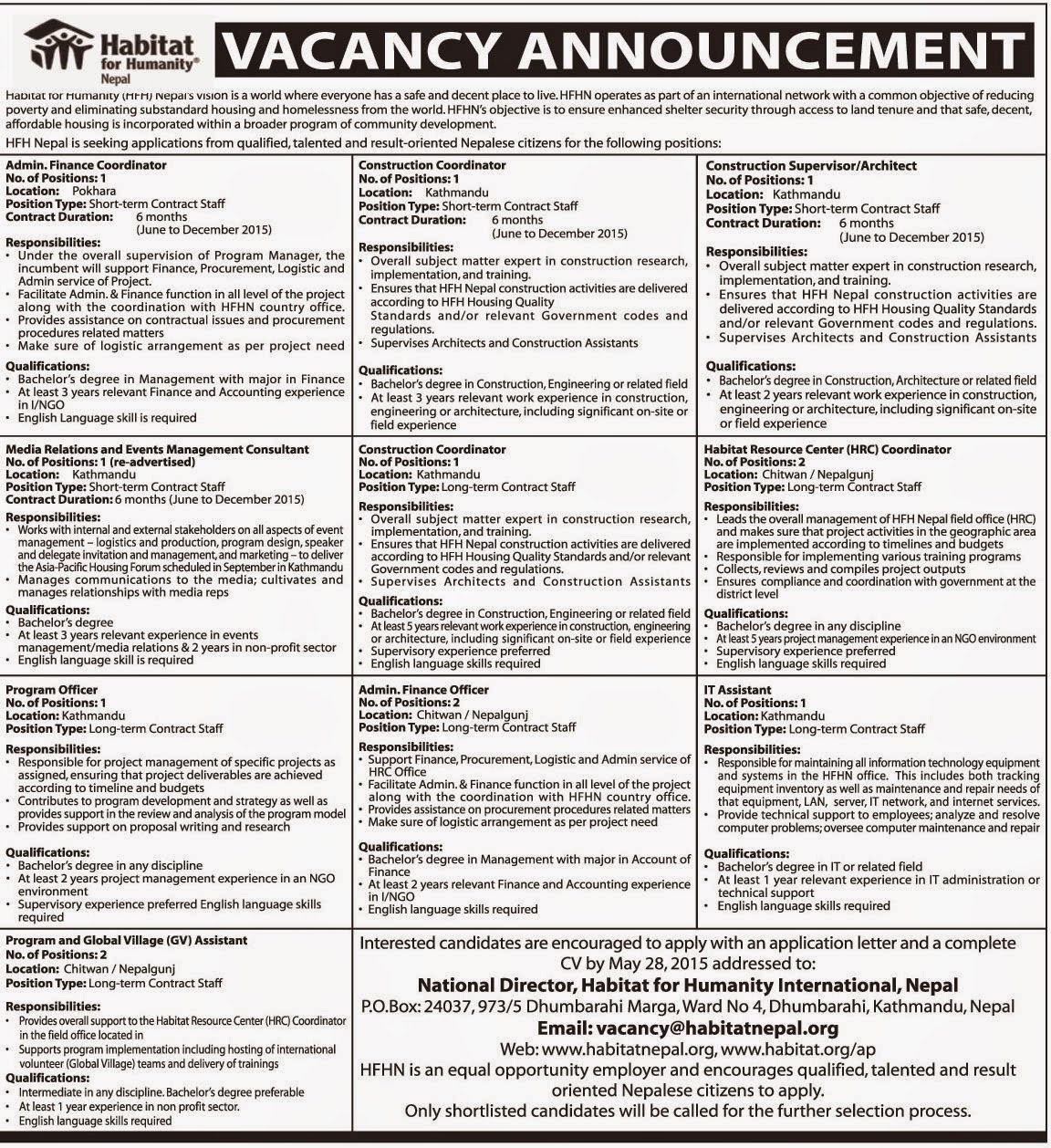 Vacancy announcement from Habitat for Humanity Nepal