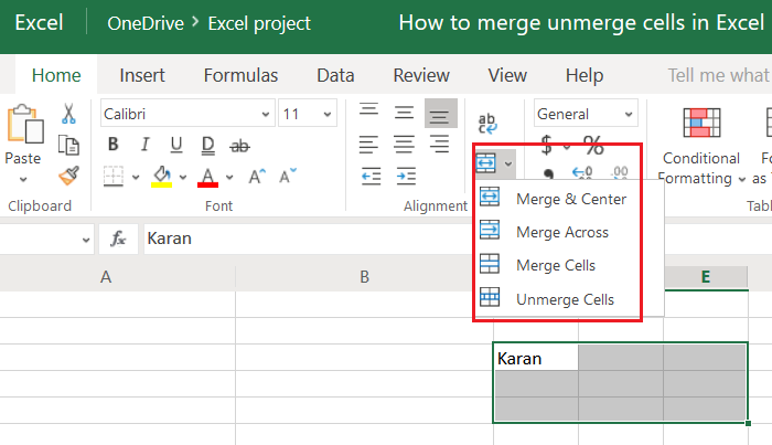 ผสานและยกเลิกการผสานเซลล์ใน Excel