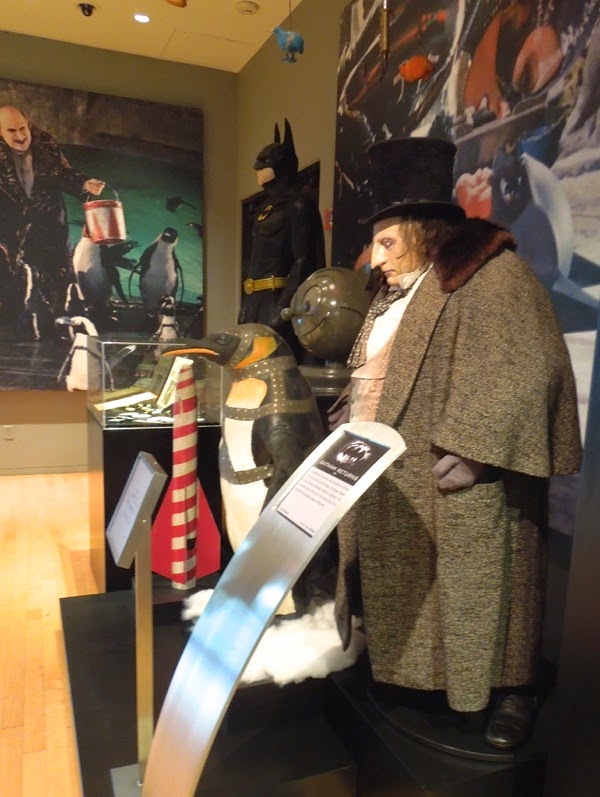 Hollywood Movie Costumes and Props: The Penguin costume worn by Danny DeVito  and props from Batman Returns on display...