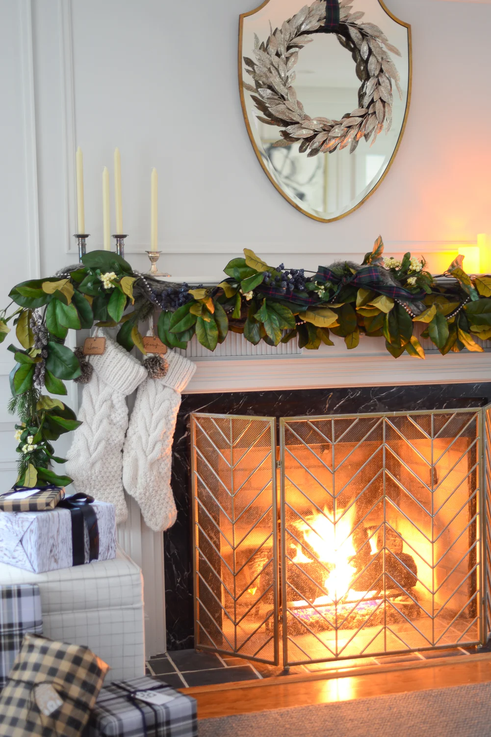 Traditional Christmas Mantle with magnolia garland