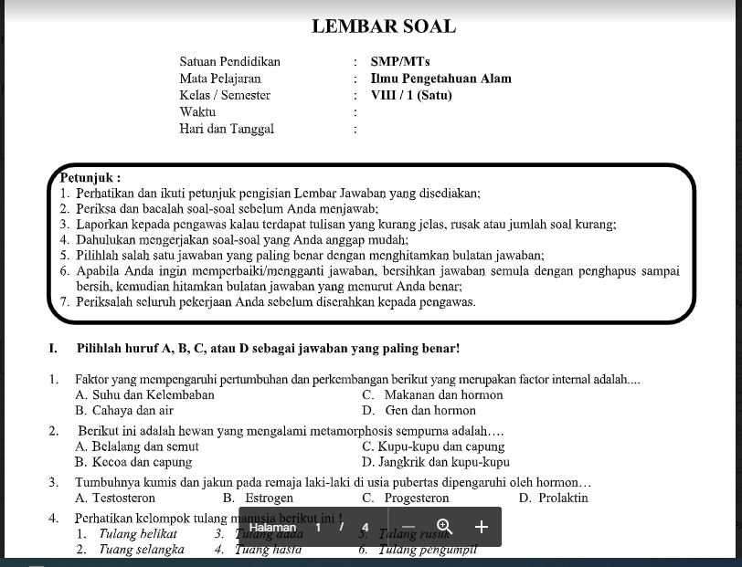 Soal PAS Ilmu Pengetahuan Alam (IPA) Kelas 8 Kurikulum