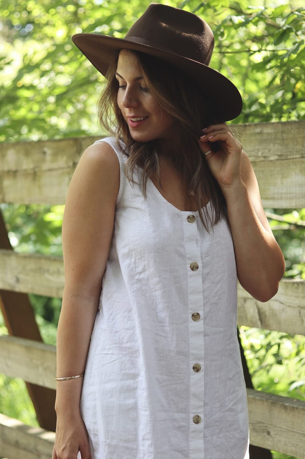 joe fresh linen button maxi dress outfit straw bag lack of color rancher hat vancouver fashion blogger