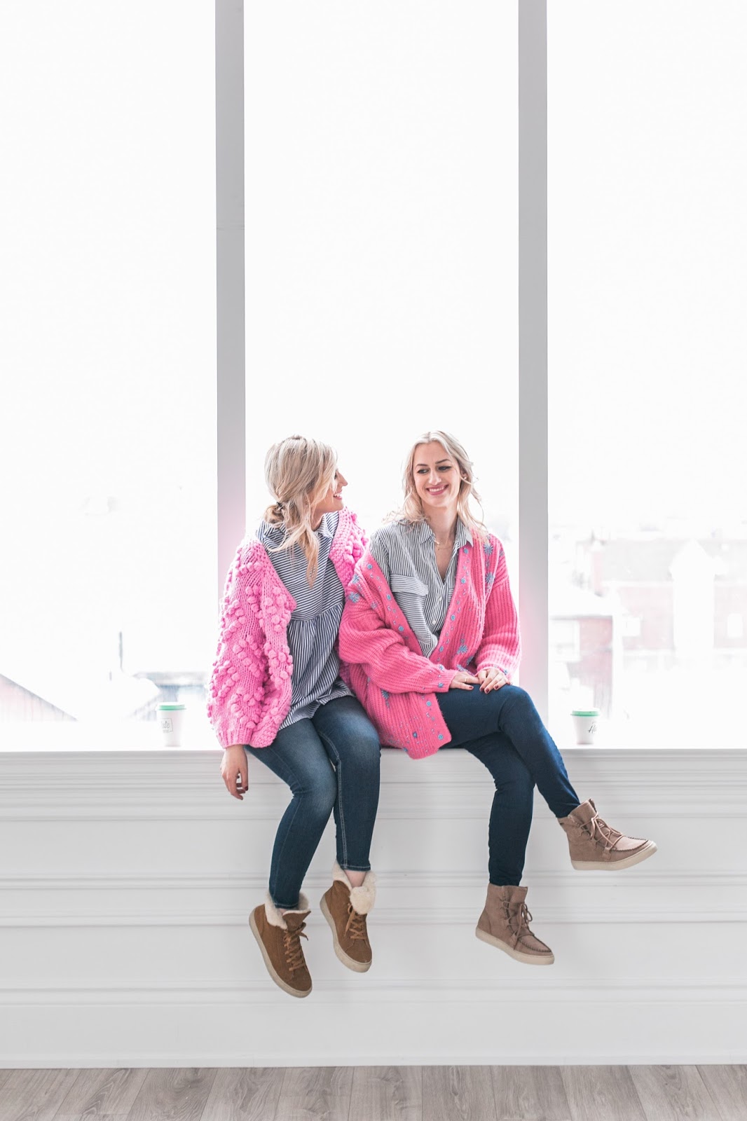 Bijuleni | 2 Transitional Boots You Need For Spring | Sisters wearing matching pink cozy Chicwish sweaters, skinny jeans and striped shirt. Cougar Boots