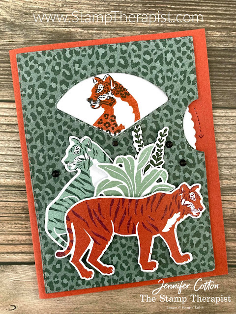 This wild Give it a Whirl (viewfinder/viewmaster) by Stampin' Up! card uses the Give it a Whirl Dies,  Wild Cats Bundle, Matte Black Dots, In the Wild Designer Series Paper.  Link to video, measurement, and supply list on the blog.  #StampinUp #StampTherapist #GiveitaWhirl #WildCats