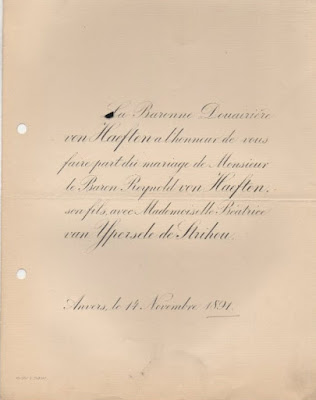 Huwelijksaankondiging Reynold von Haeften en Beatrice van Ypersele de Strihou