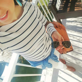 spring teacher fashion with stripes, chambray and open toe mules