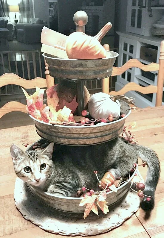 DIY Fall decorated three tiered tray for fall 