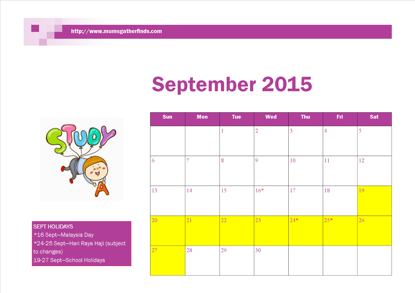 Free Printable September 2015 Calendar With Malaysia