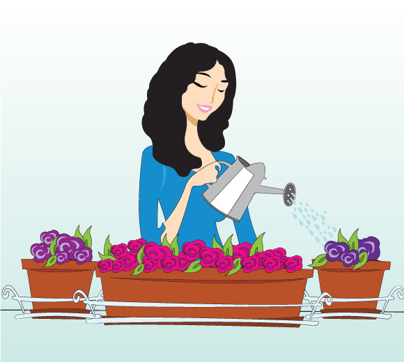 Mujer regando flores, plantas y macetas de su balcón o terraza