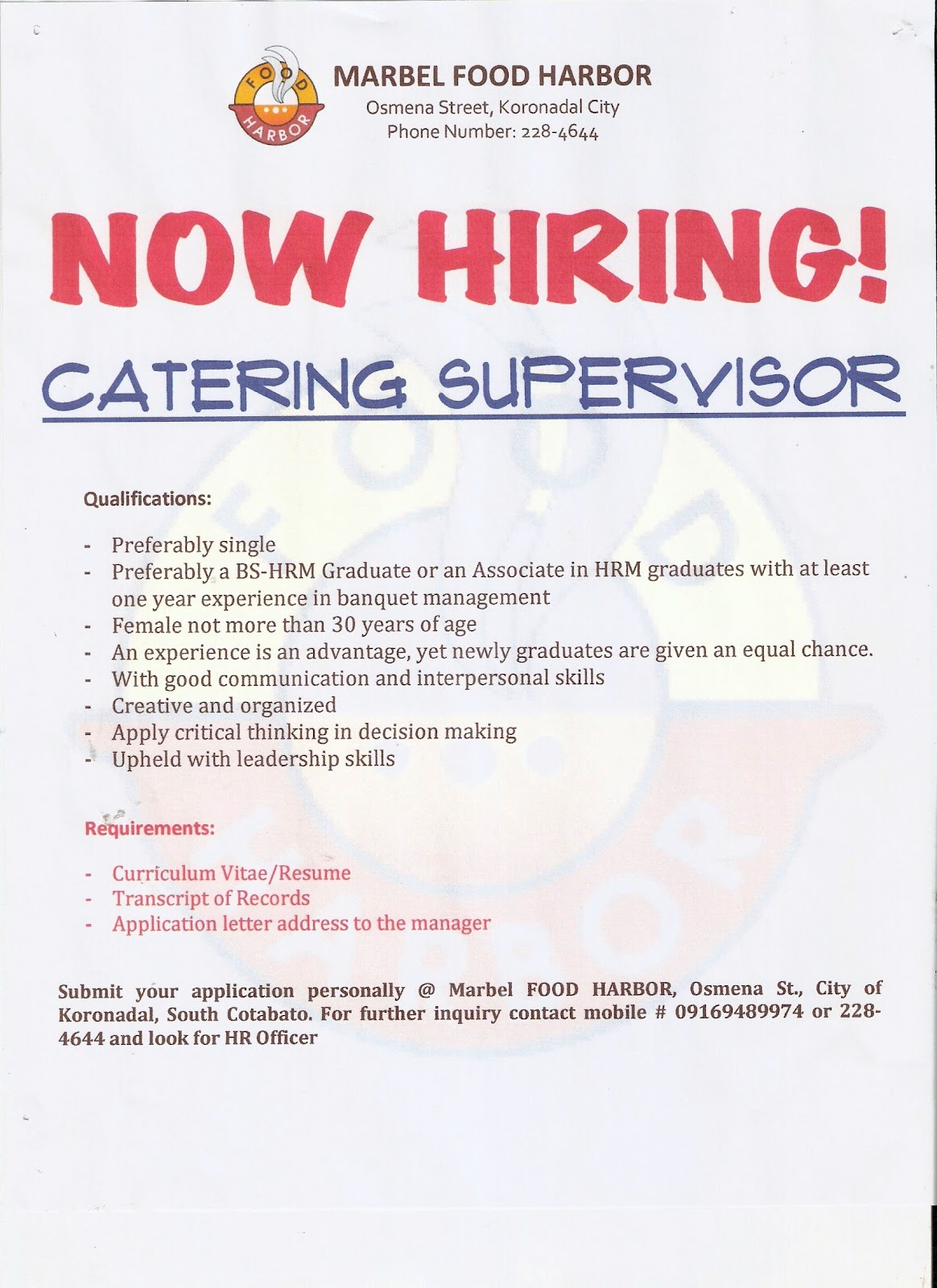 Jobs Corner Marbel Food Harbor Now Hiring! Catering Supervisor