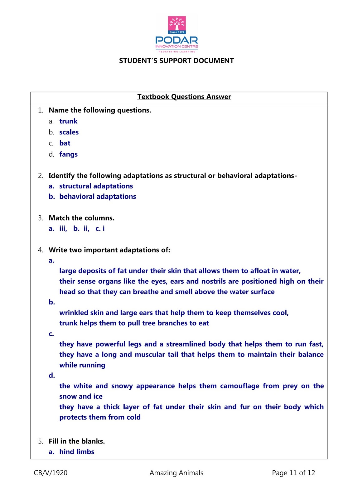Evs Ch Amazing Animals (notebook and workbook, Additional question bank)