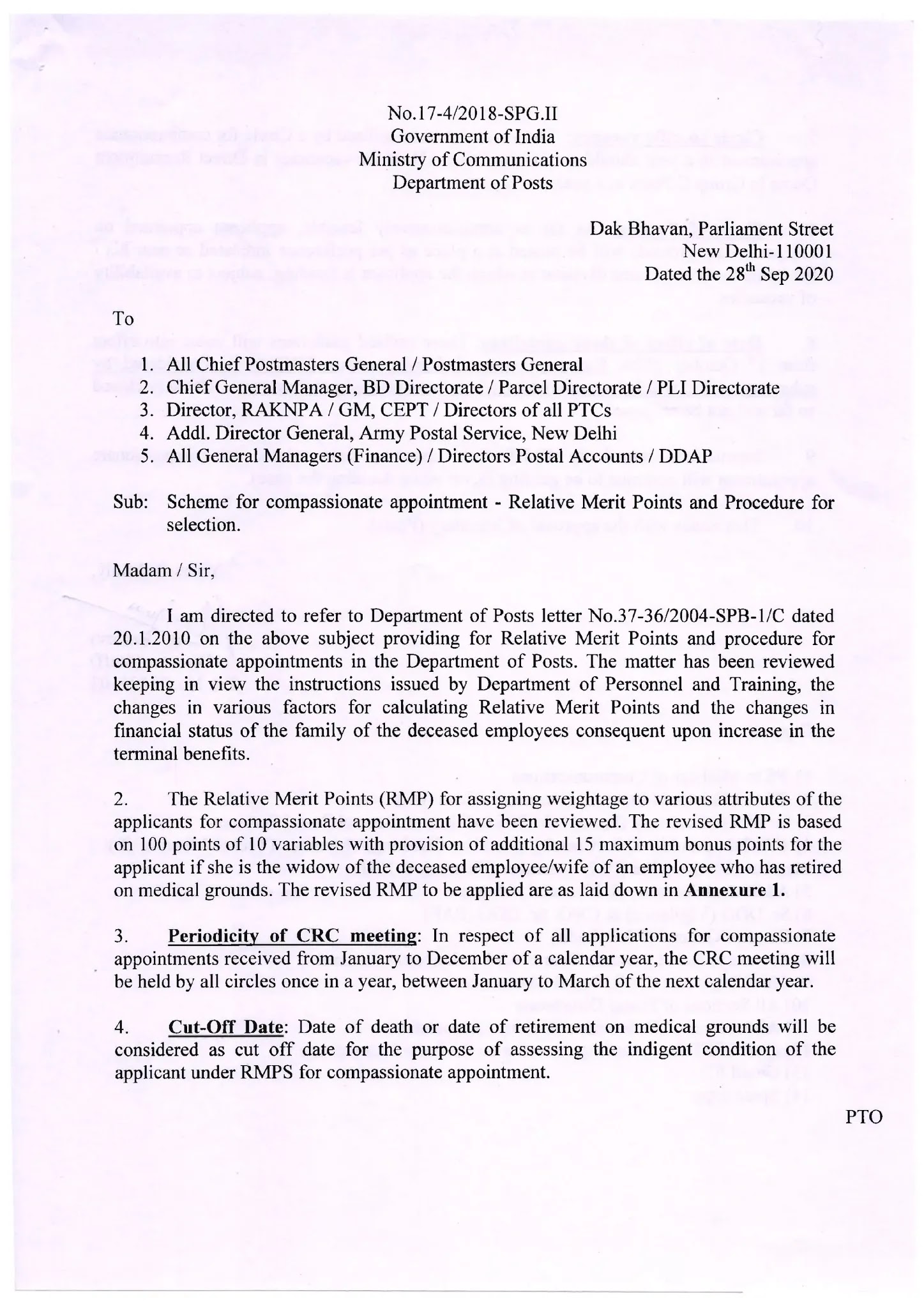 Scheme for Compassionate Appointment Relative Merit Points and Procedure for Selection