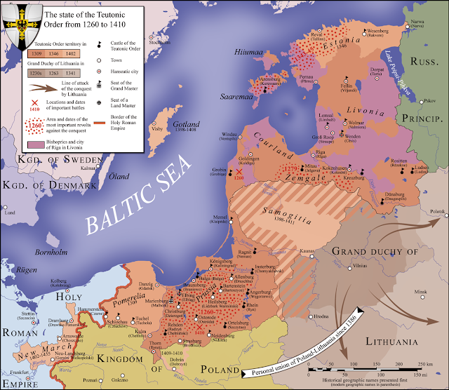 1410年條頓騎士團國的國界，位於現今立陶宛西北方的則是薩莫吉希亞地區