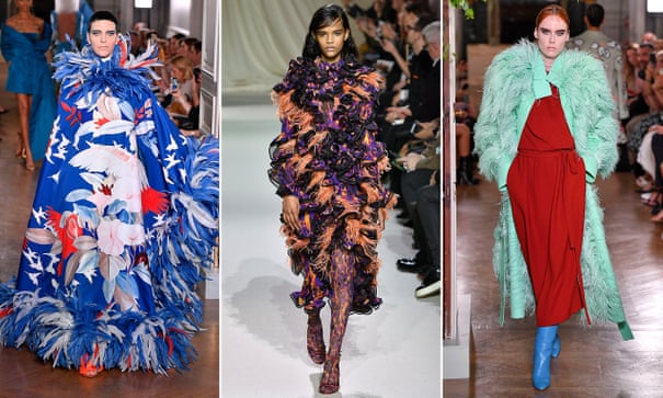 Models at the Valentino AW19 couture show during Paris Fashion Week (far left and right), and the Mary Katrantzou show at London Fashion Week (centre). Composite: Victor Virgile/Gamma-Rapho via Getty Images