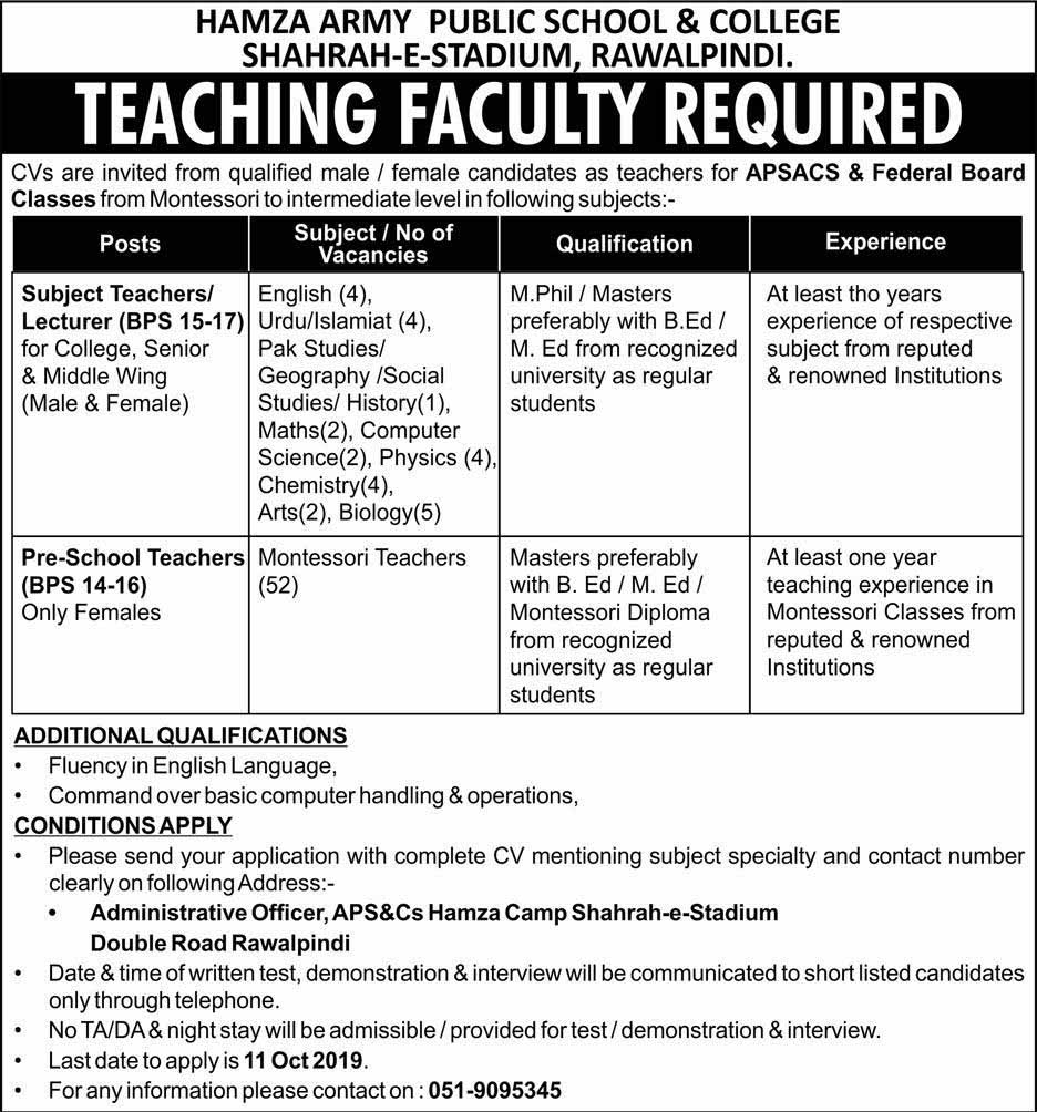 Teaching Jobs in Hamza Army Public School & College Teaching Jobs in Hamza Army Public School & College