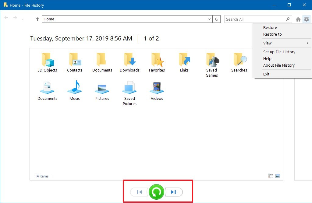 file history restore experience windows 10