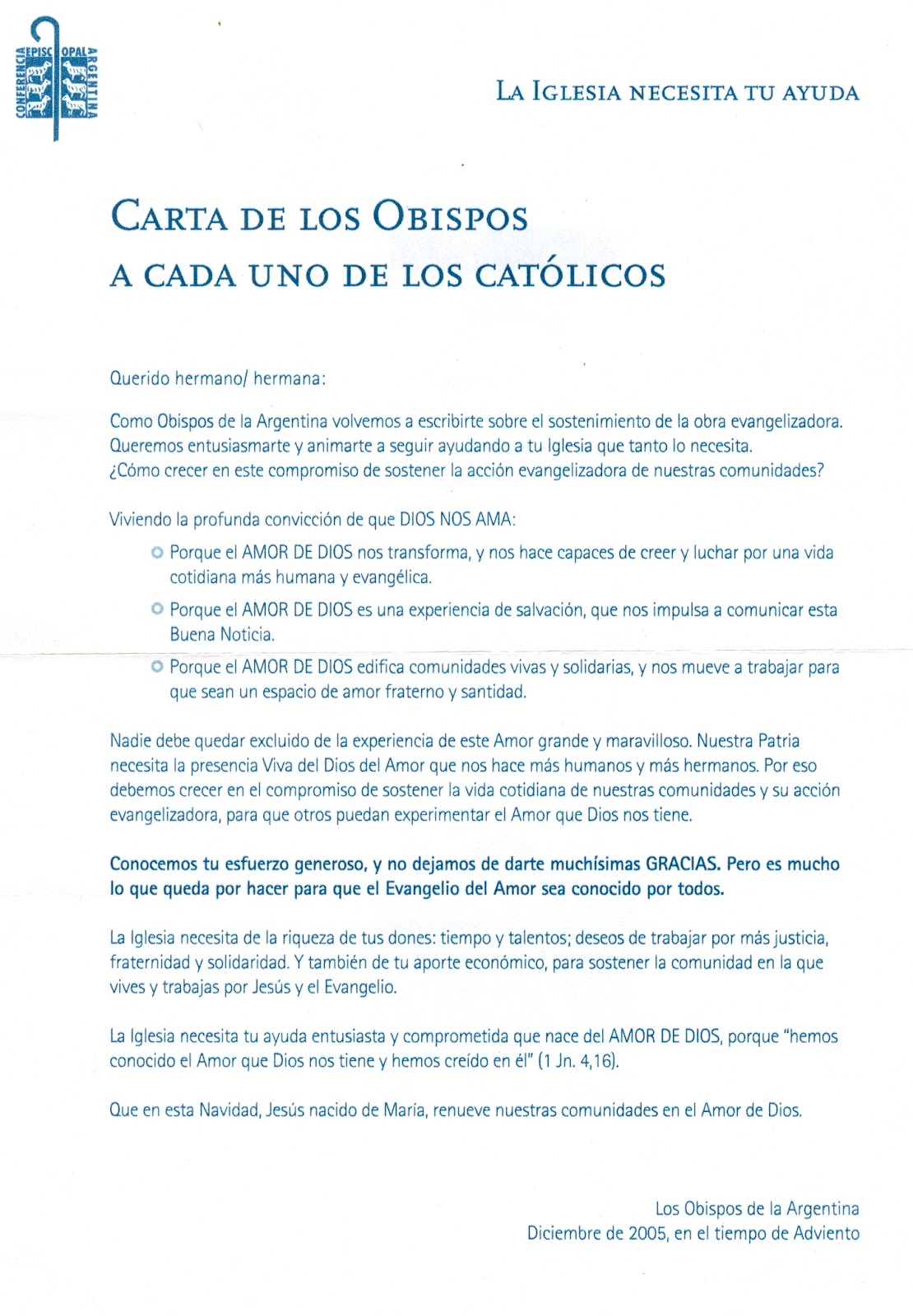 Sostenimiento de la Iglesia Carta de los Obispos a cada uno de los