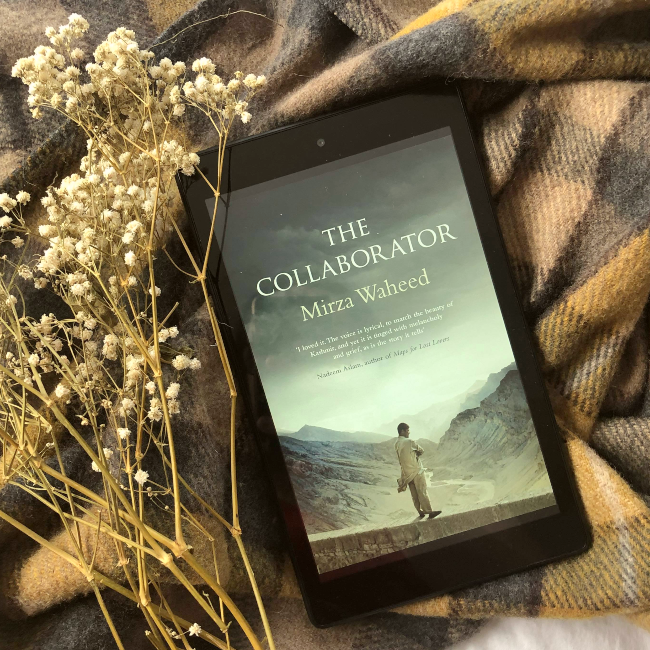 May reading wrap up Book cover for 'The Collaborator' by Mirza Waheed on a tartan blanket
