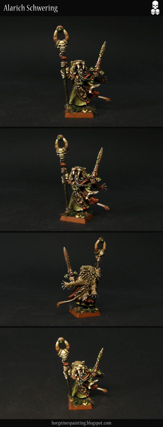 Old metal Necromancer miniature from Games Workshop, seen from several angles, converted to have a 'Lore of the Beasts' theme, with a tiger pelt on his head and back, painted in greenish, dirty colors. He is usable in Warhammer Fantasy Battle (WFB) or Age of Sigmar (AoS).
