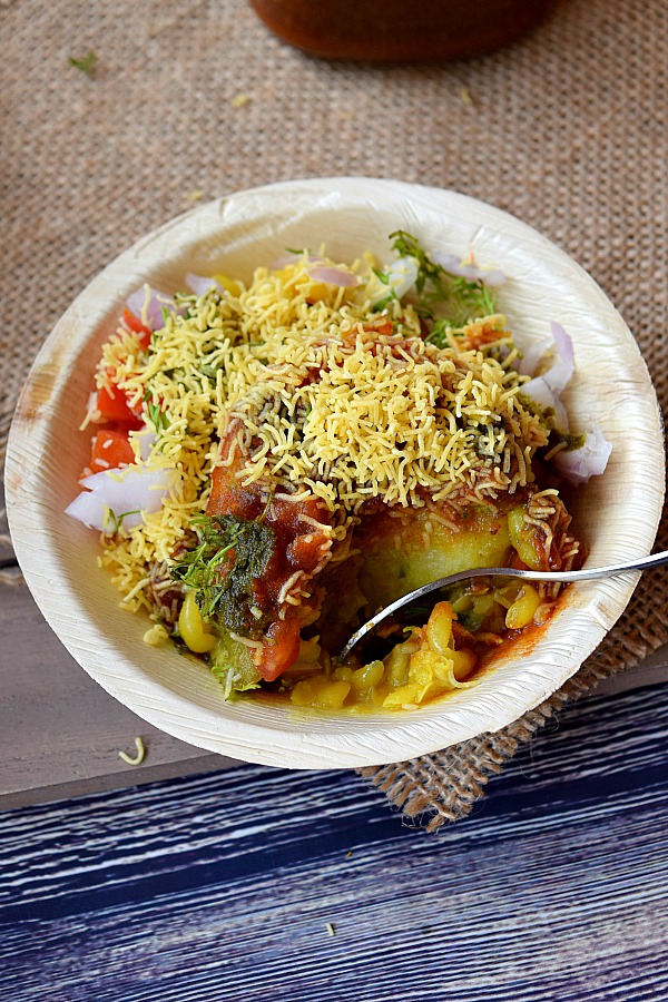 Top view of a bowl street food,chaat Ragda Pattice with sweet date chutney,mint chutney