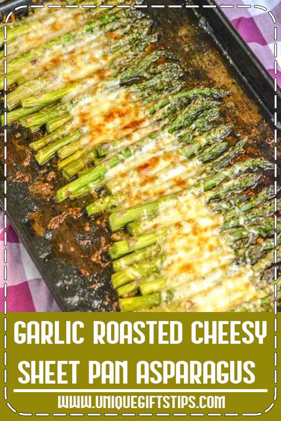 GARLIC ROASTED CHEESY SHEET PAN ASPARAGUS | An easy sìde dìsh, thìs roasted garlìc asparagus ìs cooked on a sìngle sheet pan wìth a cheesy toppìng. #recipes #cheesy #breakfast #garlic #food #asparagus