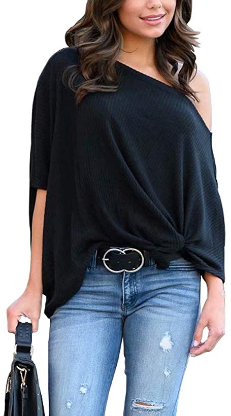 LACOZY Women's Waffle Knit Off The Shoulder Tops Knot Batwing Shirt ...
