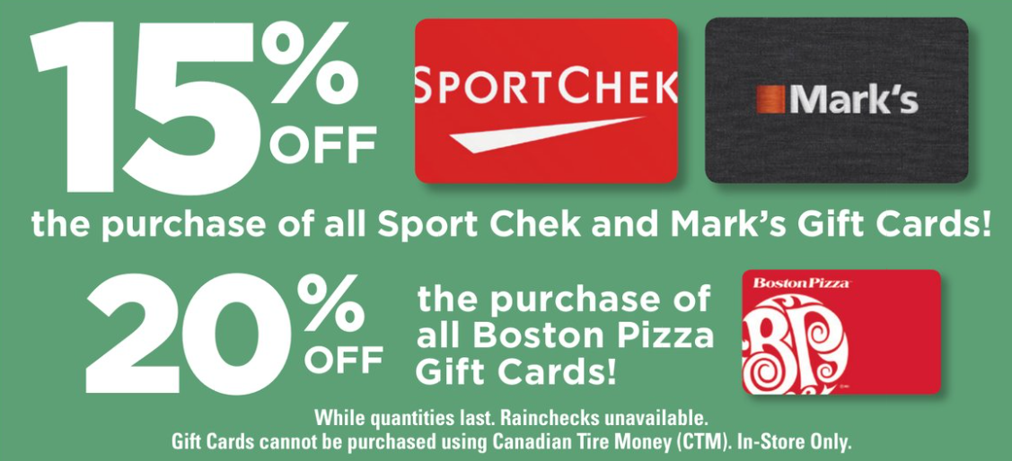 Canadian Tire Promotions on Boston Pizza, SportChek and Mark's Gift Cards