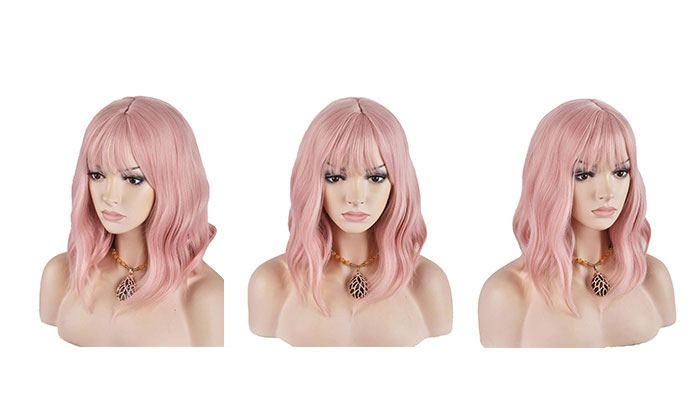 BERON 14 Inches Women Girls Short Curly Synthetic Wig with Bangs Lovely Pink