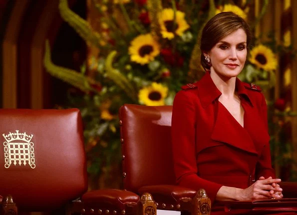 Queen Letizia visited the Palace of Westminster, British Parliament. Prince Charles and Duchess Camilla at Clarence House. Nina Ricci dress. Prada Pumps